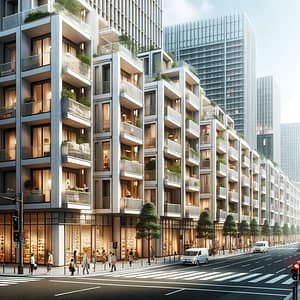 Photo of a bustling urban setting with a row of modern micro apartments. Pedestrians are walking by, and the scene captures the essence of city living