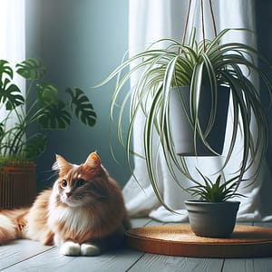 A cozy indoor scene featuring a spider plant (Chlorophytum comosum) in a hanging planter and a cat sitting comfortably nearby.