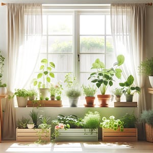 A serene and bright indoor scene showcasing window gardening. Feature a variety of houseplants, including herbs and flowering plants.