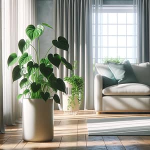 An indoor scene featuring a Pothos (Epipremnum aureum) plant in a bright, modern living room.
