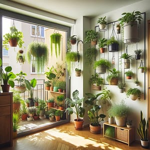 Small Space Gardening A cozy indoor garden in a small apartment, featuring a variety of lush houseplants in pots and hanging planters.