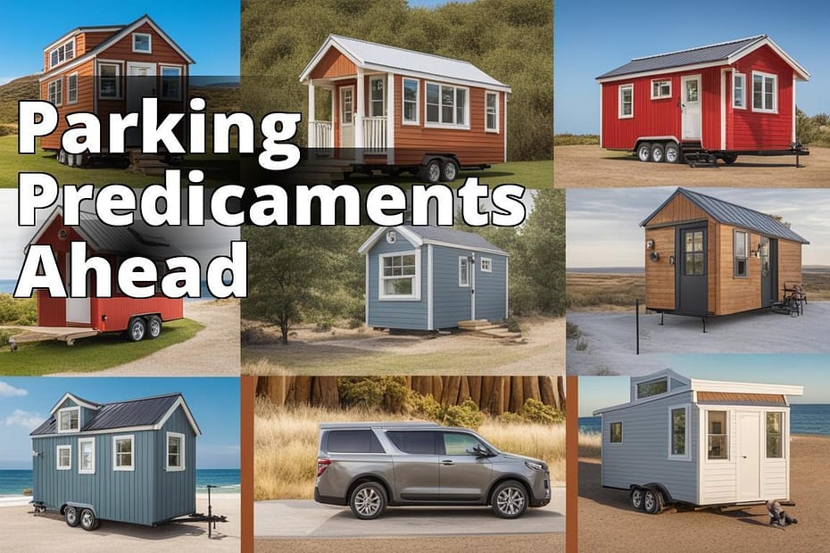 A collage featuring images of a tiny house parked in a variety of locations